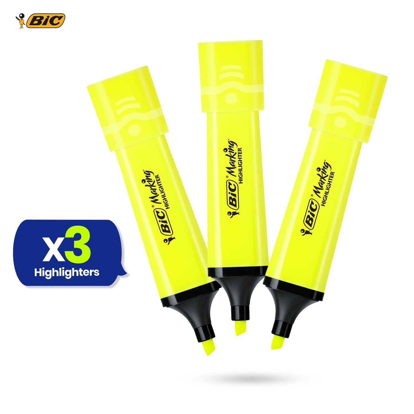 BIC 3x Marking Highlighter Flat Marker Neon Yellow Modular Tip for Precise Highlighting