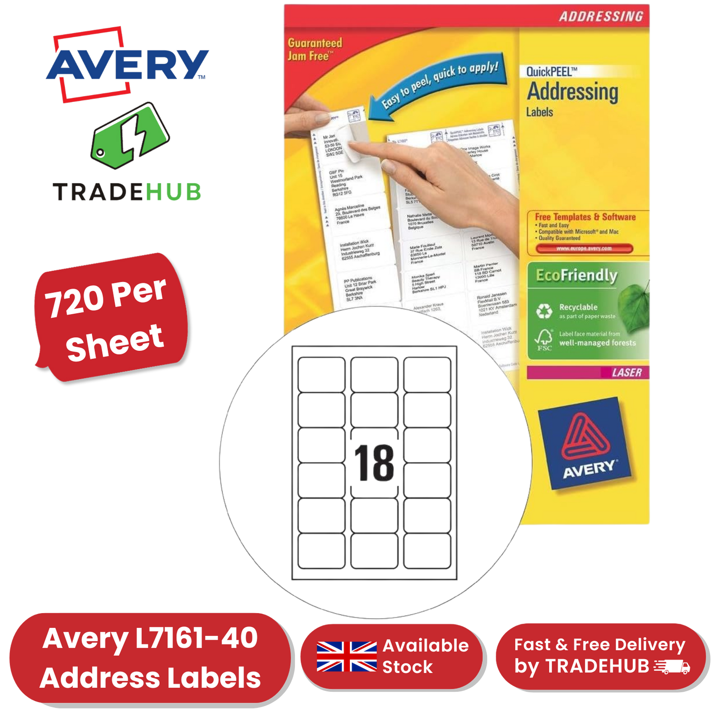 Avery L7161-40 Address Labels,720 Per Sheet, 63.5 x 46.6 mm, Permanent - 1 to 5