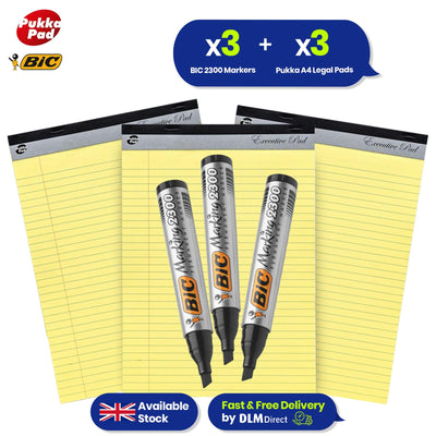 BIC 2300 Permanent Markers Pack of 3 & Pukka Pad A4 Notepads 3Pack, Complete Study Kit