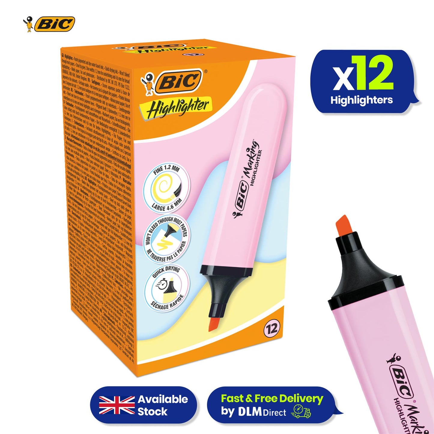 BIC 12x Marking Highlighter Flat Pastel Pink Modular Tip for Precise Highlighting
