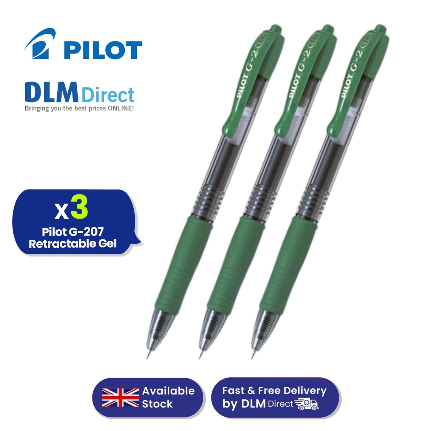 Pilot G-207 Retractable Gel  Rollerball Medium Mixed Value - Green - Pack of 3