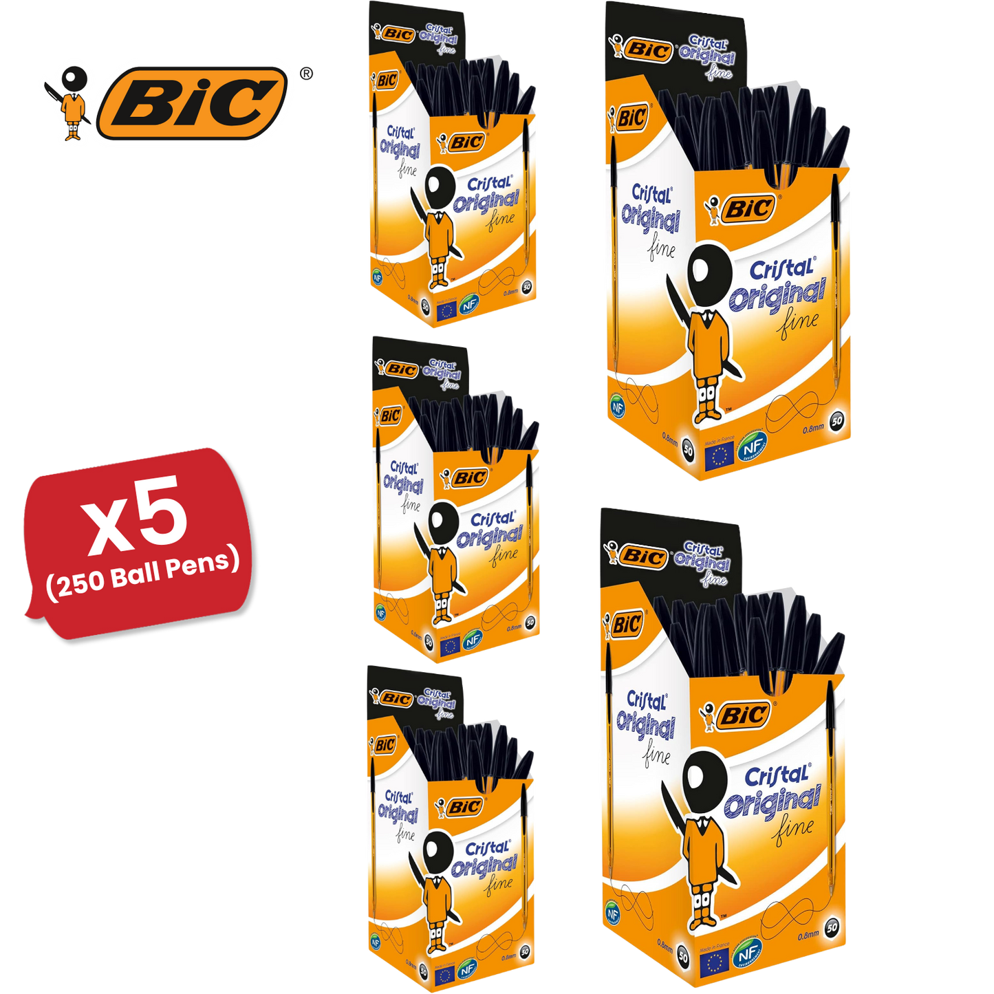BIC CRISTAL FINE BALL POINT PEN BLACK - PACK OF 50 - 1 to 5 Packs