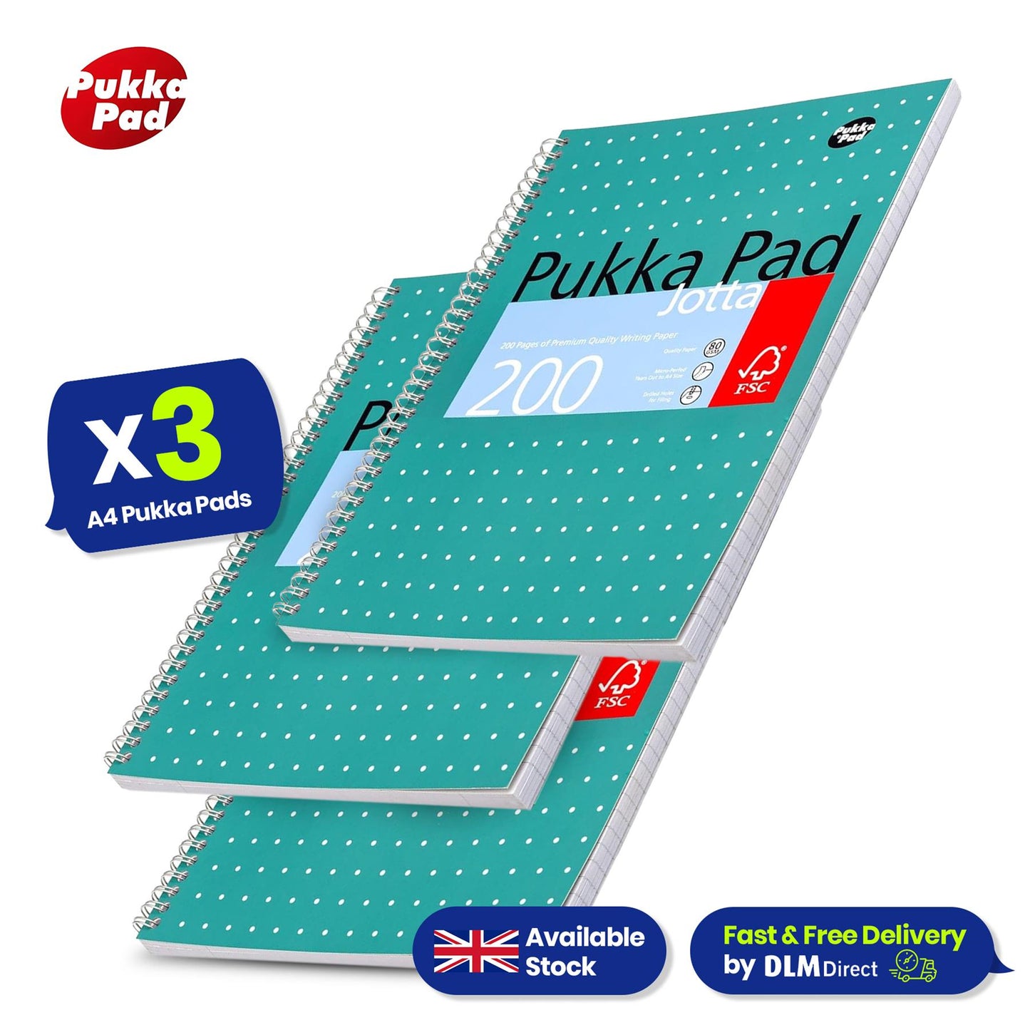 PUKKA WHITE A4 WIREBOUND PADS 200 page 80gsm  (RULED/MARGIN) - PACK OF 3