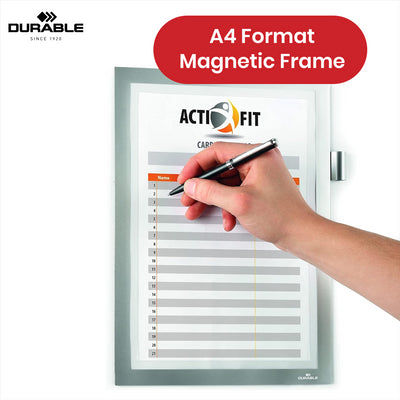 Durable DURAFRAME Magnetic Frame - Silver A4 Magnetic Sign Holders with Pen Holder for Time Tables