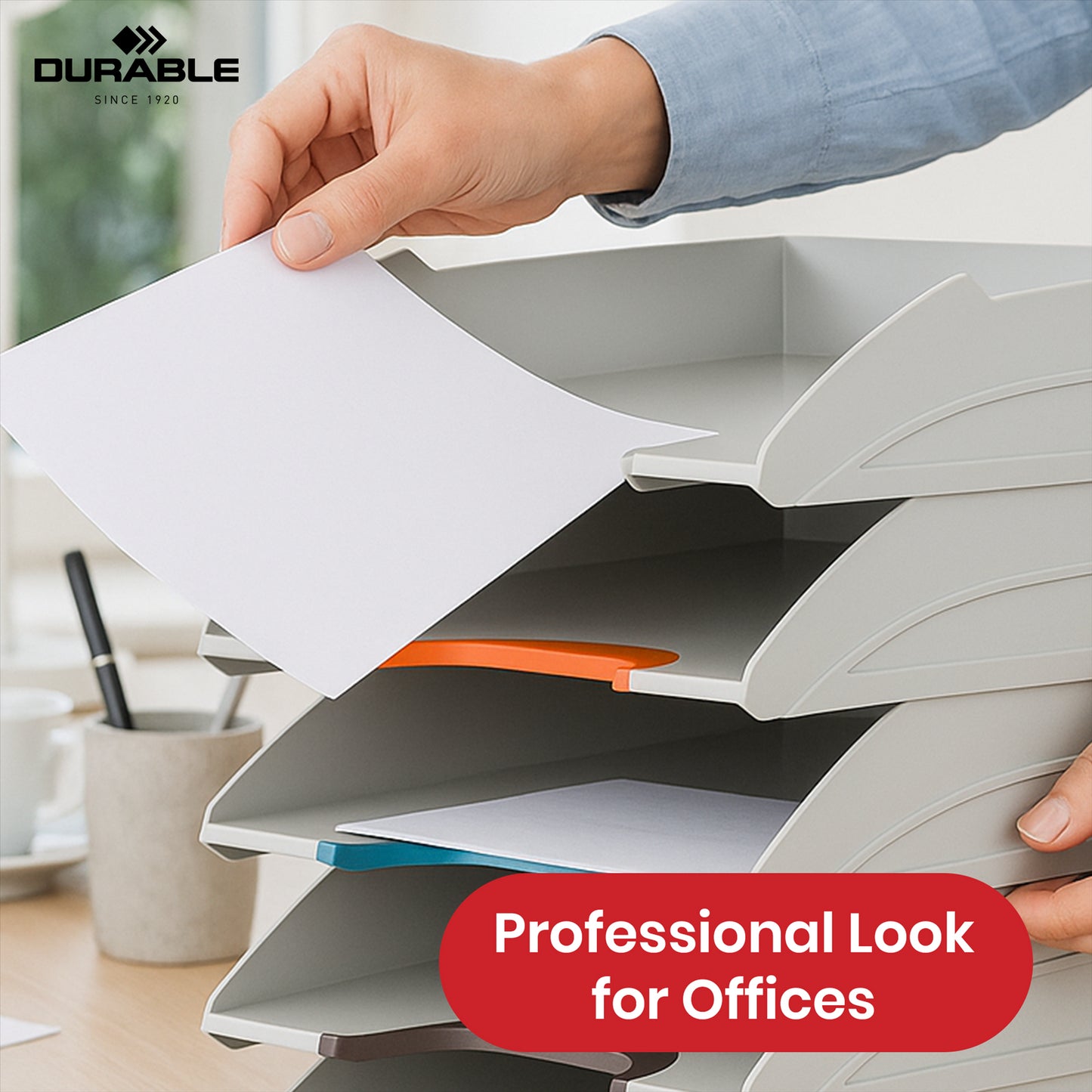 Durable VARICOLOR Letter Trays - 5 ABS Paper Organiser, Colour Grip Handles A4 Paper Trays for Desk