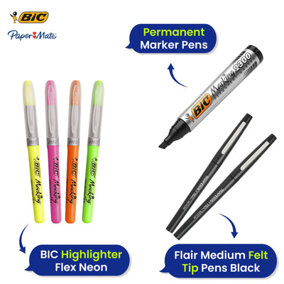 Bic Marking 2300 Markers 2x, Paper Mate Flair Black Pens 6x and Flex Highlighters, Office & School Writing Set 4x