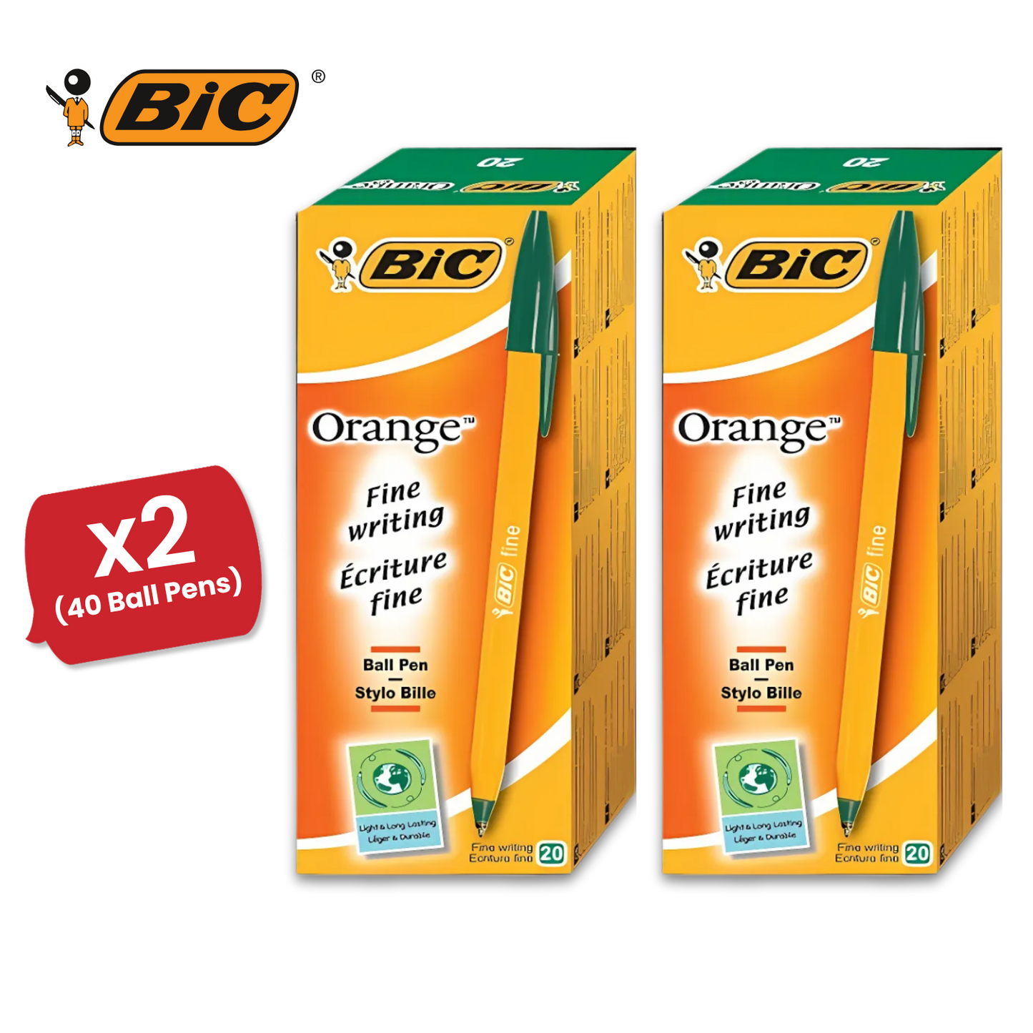 Bic Orange Ball Pen Fine Green PK20 1 to 5 Packs