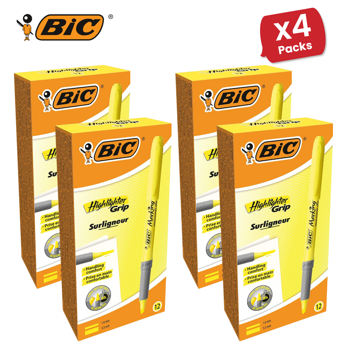 Bic Briteliner Grip Highlighter Pen Yellow - Pack of 12
