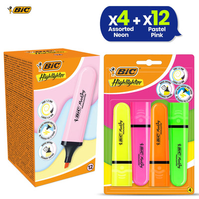 BIC Highlighter Flat Marker Pastel Pink Pack of 12 & 4x Assorted Neon Chisel Tip Markers