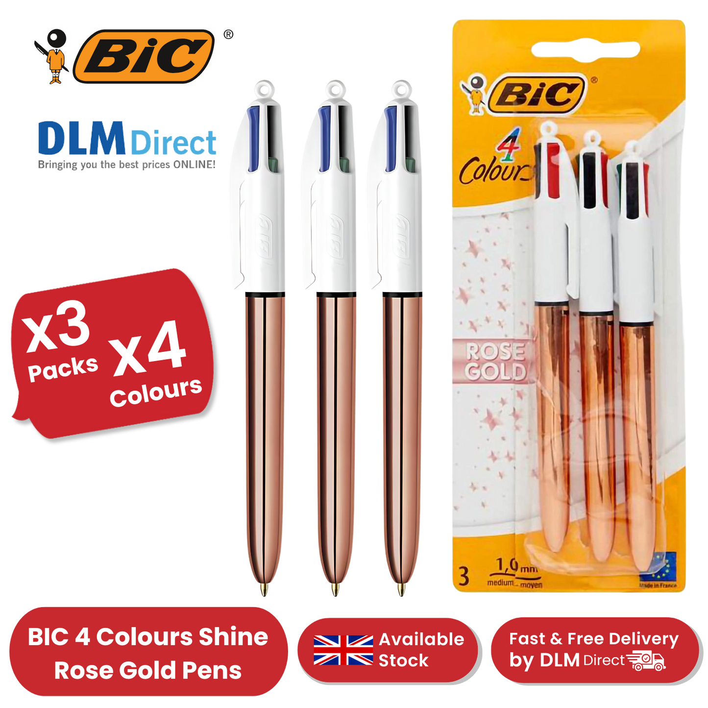 BIC 4 Colour Shine - Rose Gold - Pack of 3