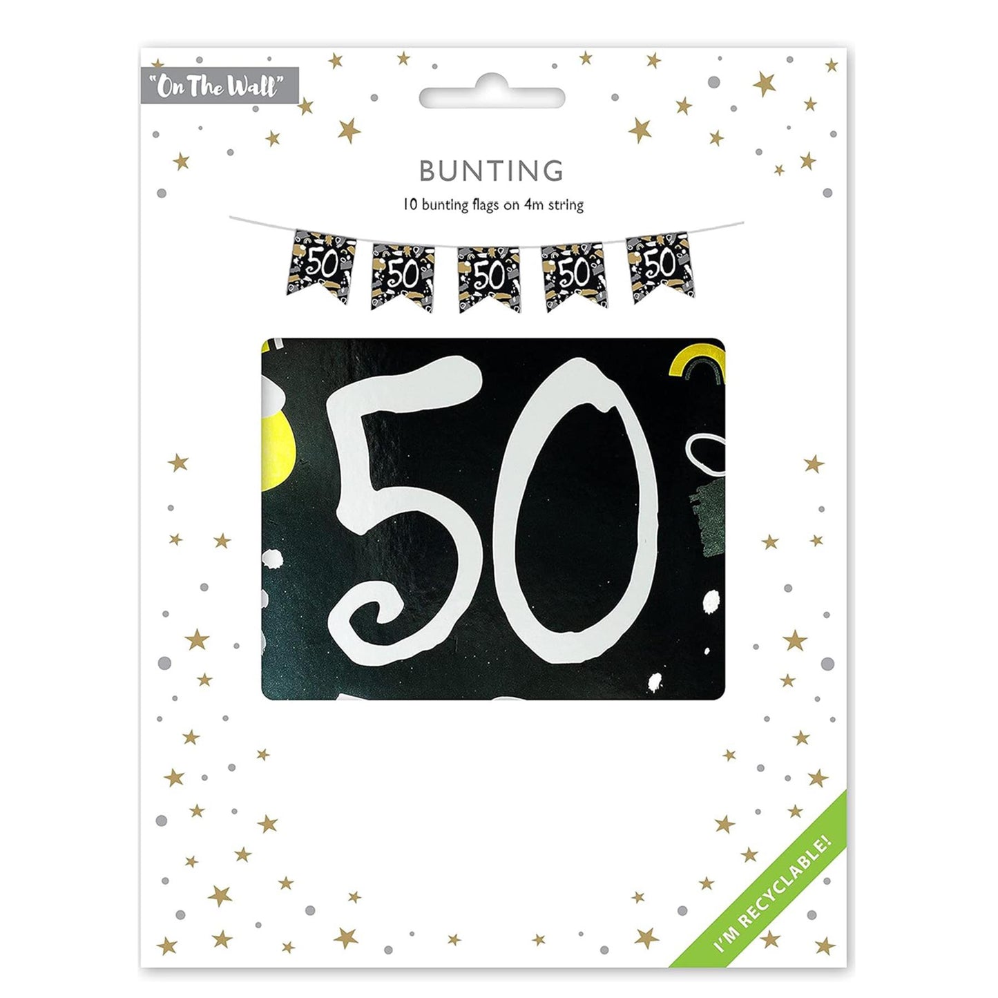 Happy 50th Birthday Black and White Bunting 4M Party Banner with 10 Flags Durable
