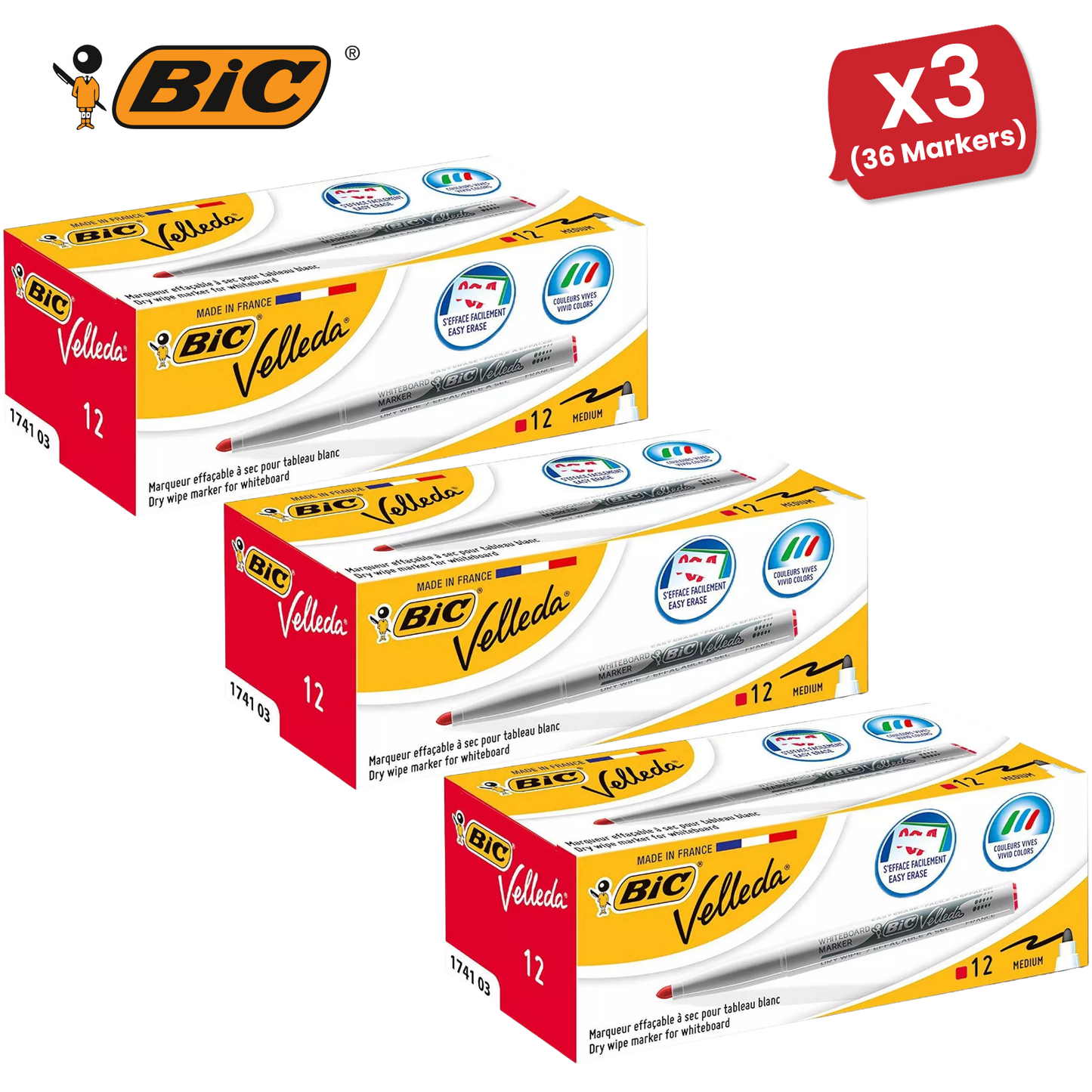 Bic Velleda 1741 Whiteboard Drywipe Markers Red – Long-Lasting Pens Box of 12Bic Velleda 1741 Whiteboard Drywipe Markers Red – Long-Lasting Pens Box of 12
