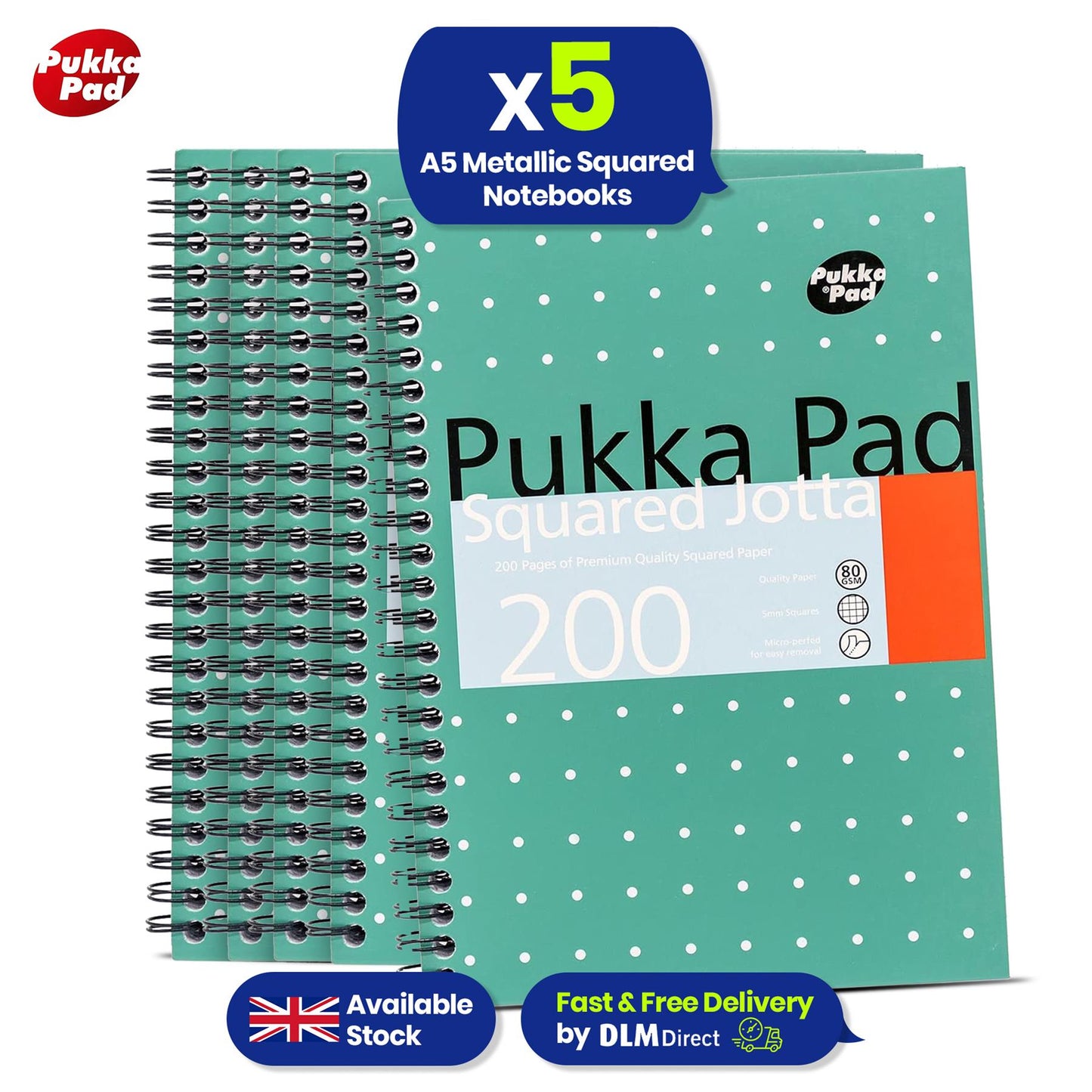 Pukka Pad A5 Squared Jotta Book 5-Pack Wirebound Notebook, 200 Pages for School & Office