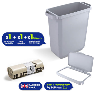 DURABIN 60L Grey Bin Set and Grey Hinged Lid with Paper Slot & 25x 110L Bin Bags