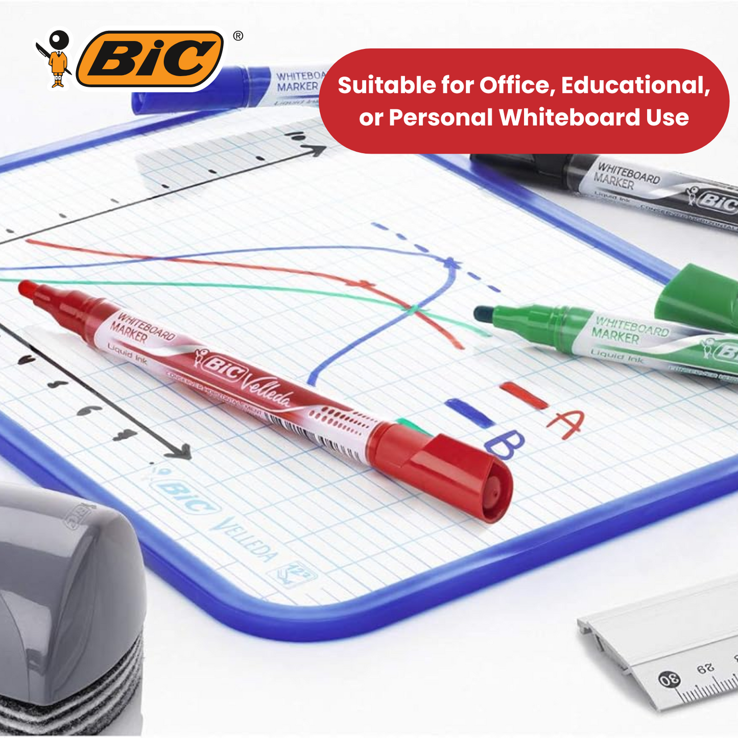 BIC Velleda Liquid Ink Dry Wipe Markers - Blue Ink, Smooth Writing, Pack of 12