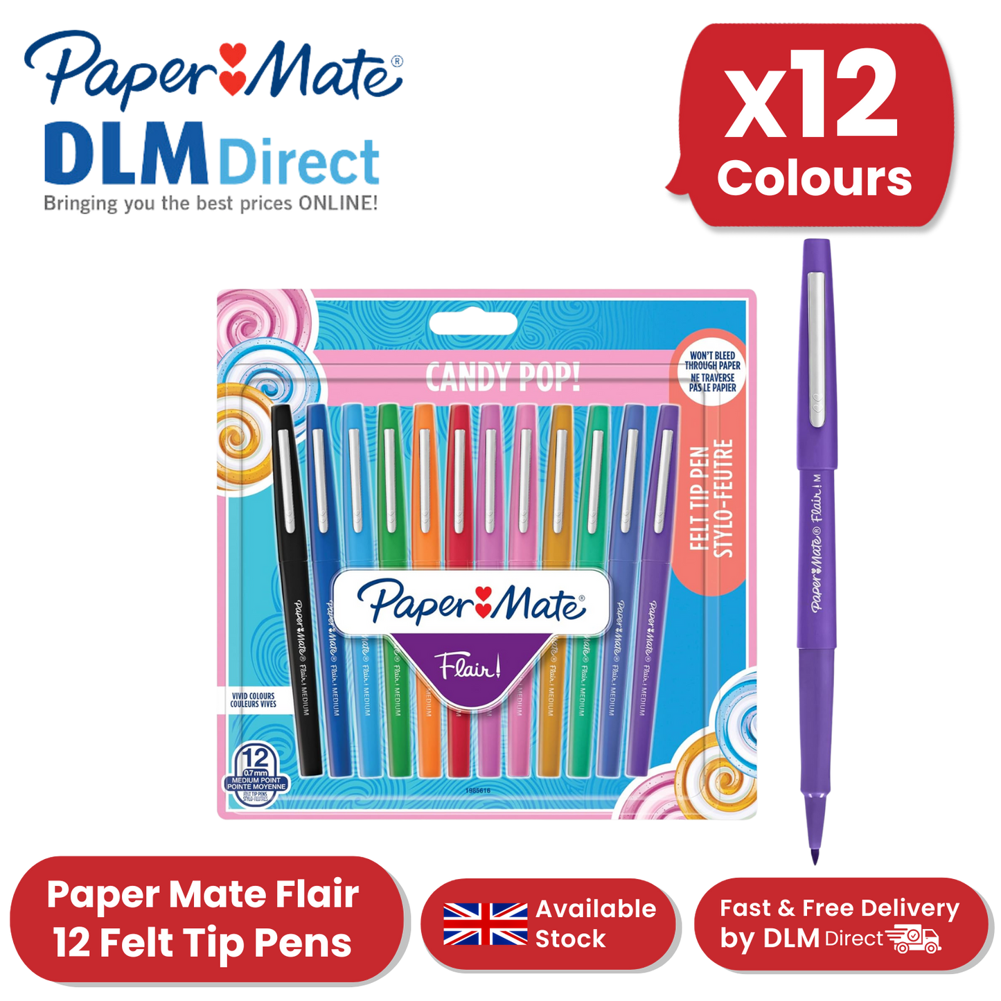 Paper Mate Flair Felt Tip Pens Candy Pop (12-Pack) - Vibrant Colors No-Bleed Ink