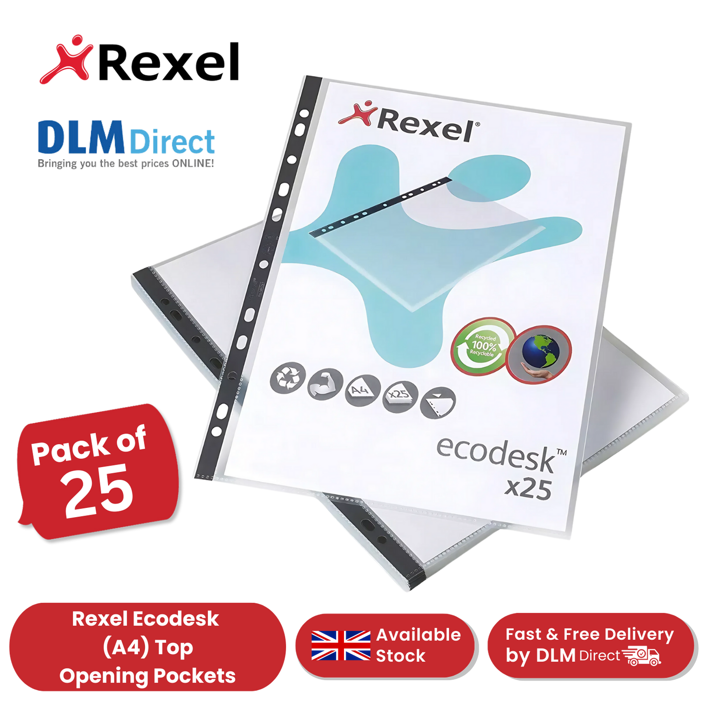 Rexel Ecodesk A4 Top Opening Pockets, Recyclable and Eco-Friendly Pockets x25