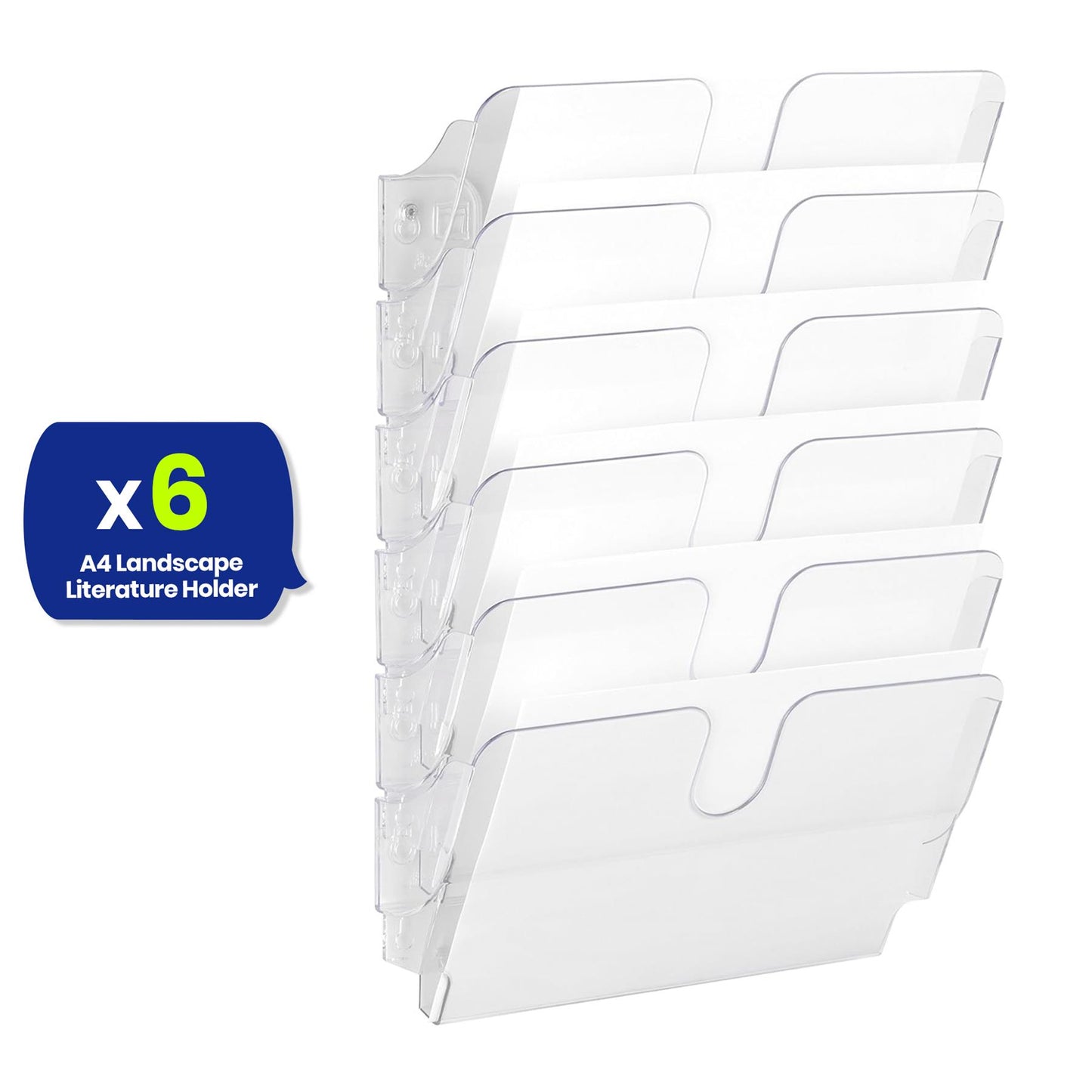A4 Landscape Wall Mounted Document Holder with 6 Compartments for Flyers & Magazines