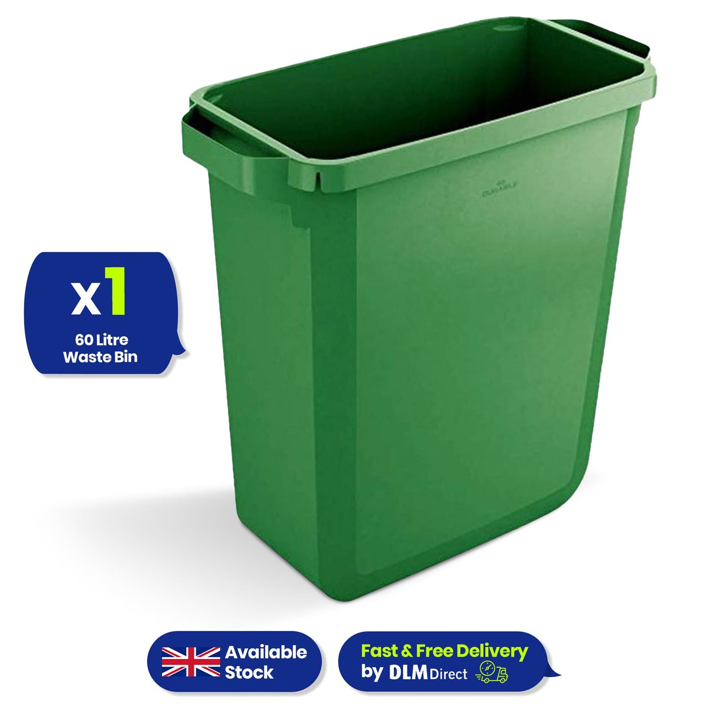 60L Durable DURABIN Green Plastic Waste Bin with Open Top & Handles for Home & Office
