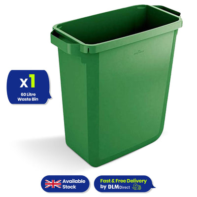 60L Durable DURABIN Green Plastic Waste Bin with Open Top & Handles for Home & Office