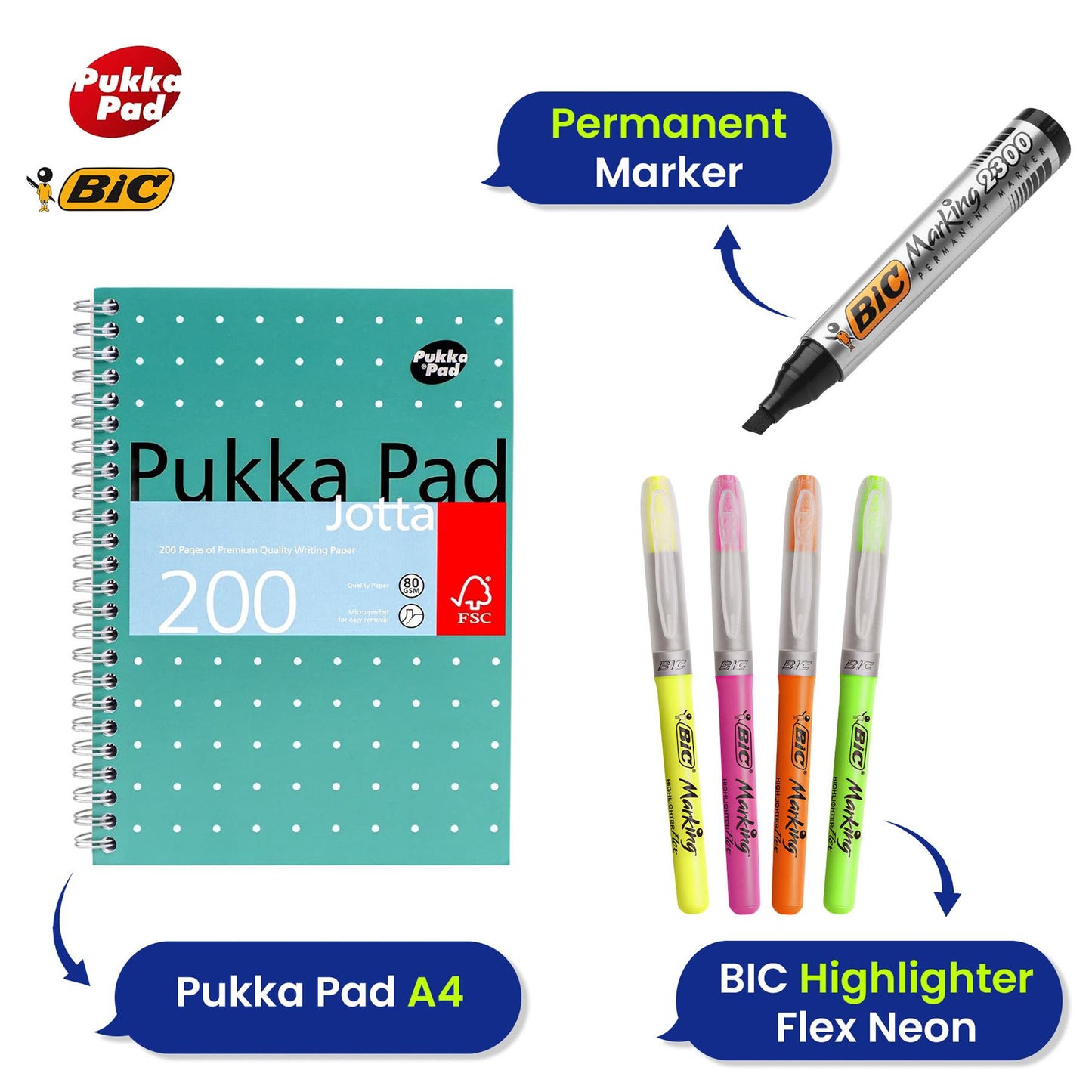 Pukka Pad A4+ Metallic Jotta Notebook Green 2x, BIC Flex 4 Neon Highlighters, BIC Parmanent Marker 3x