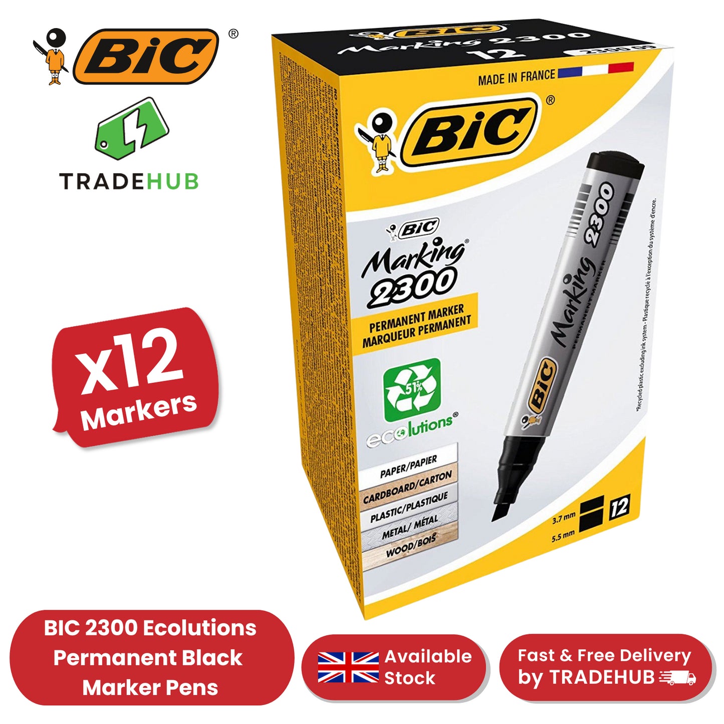 Bic 2300 Permanent Black Chisel Tip Marker (Pack of 12) 820926