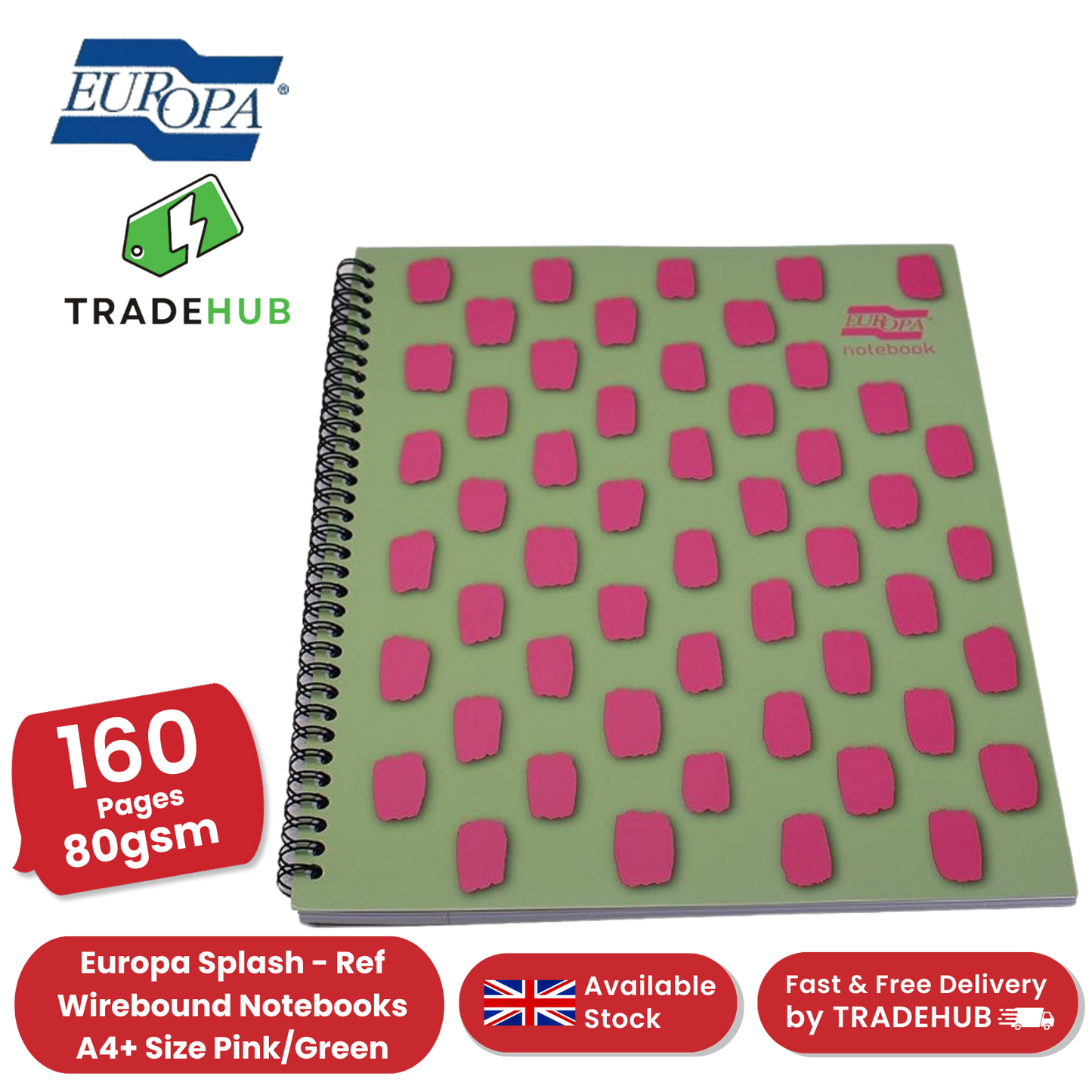 Europa Splash A4+ Notepad  Wirebound 160 Pages 80gsm FSC Paper Ruled Pink