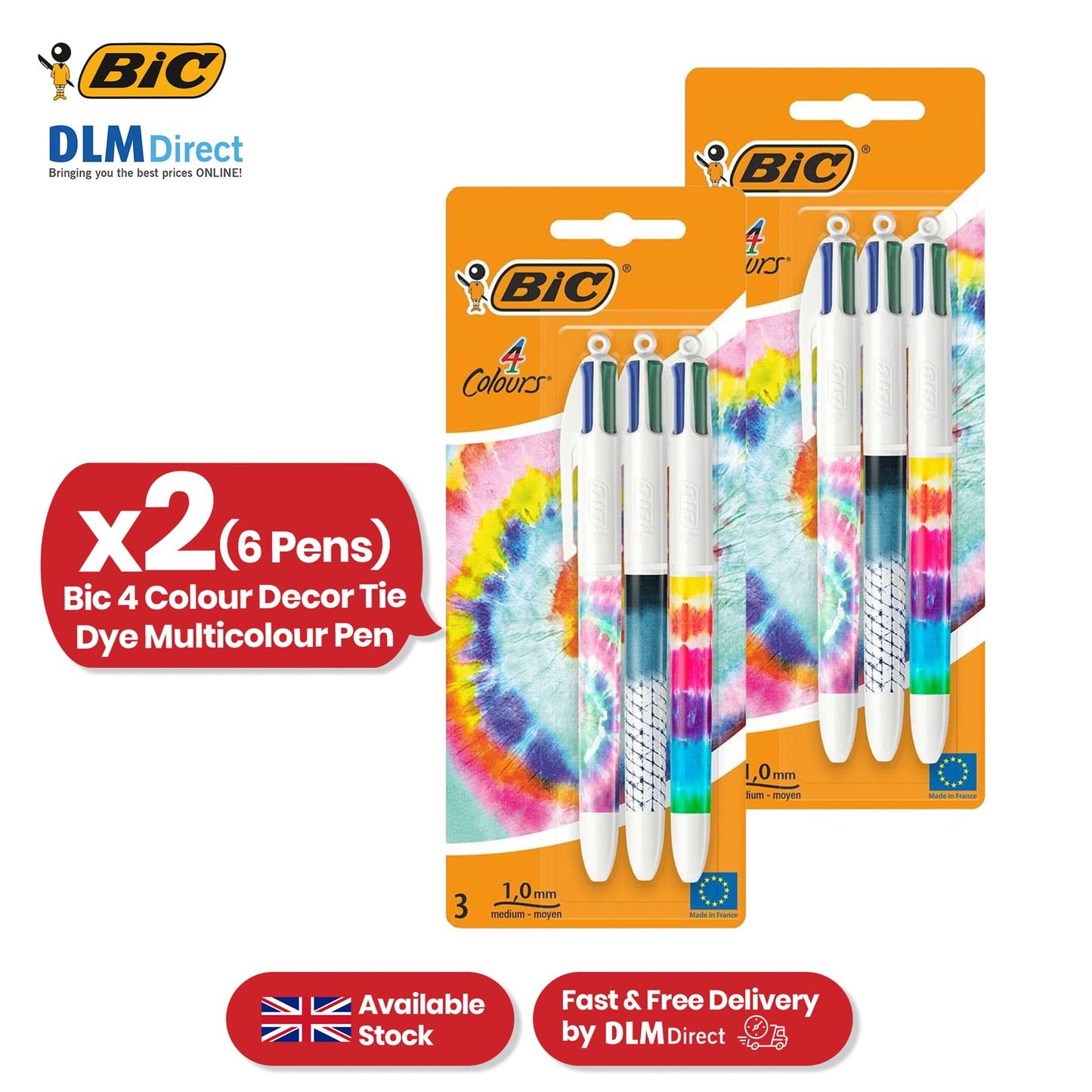 BIC 4 Colour Tie Dye Ballpoint Pens - Retractable Coloured Ballpoint Pens for Projects