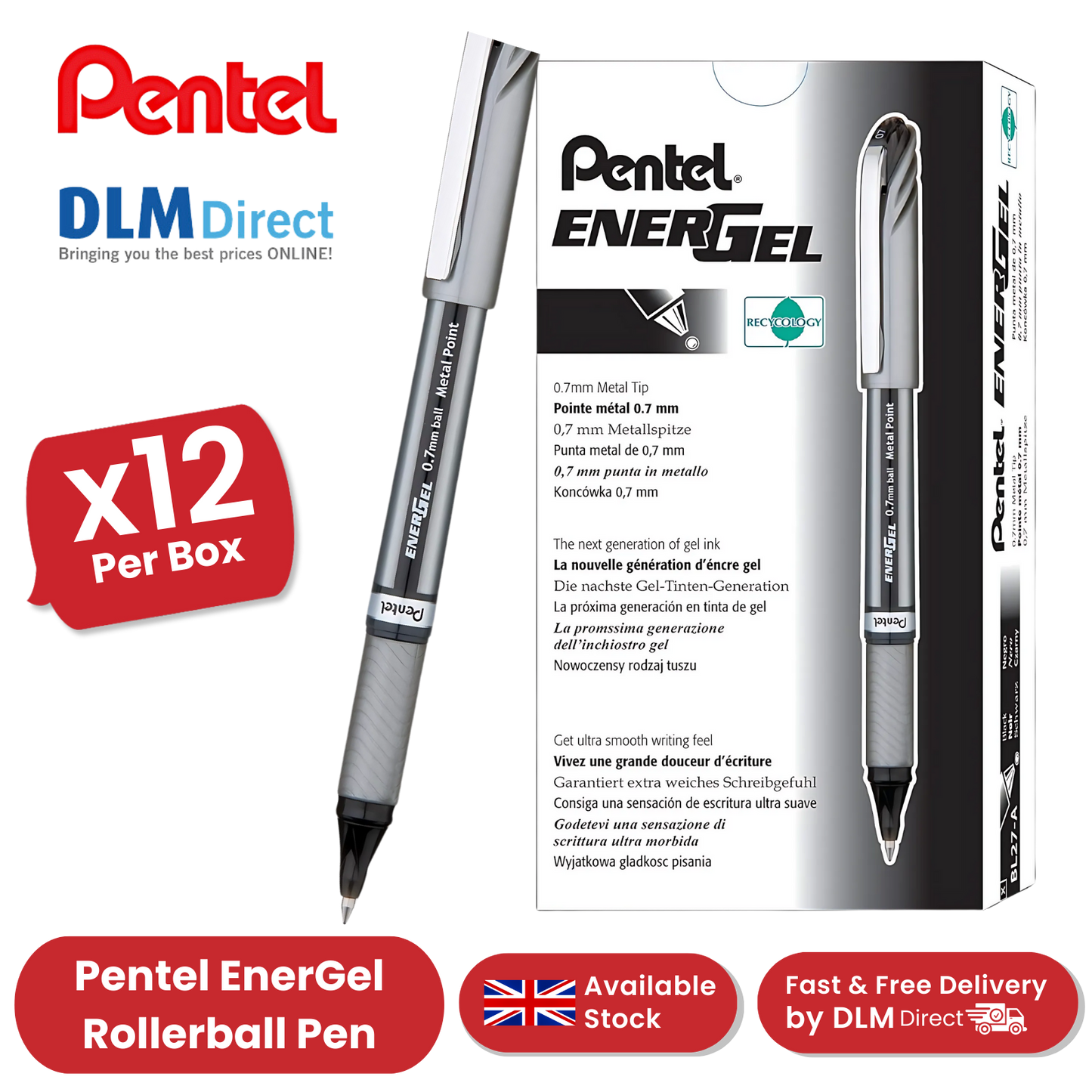 PENTEL ENERGEL METAL TIP ROLLERBALL BLK - Pack of 12 - 1 to 5 Packs