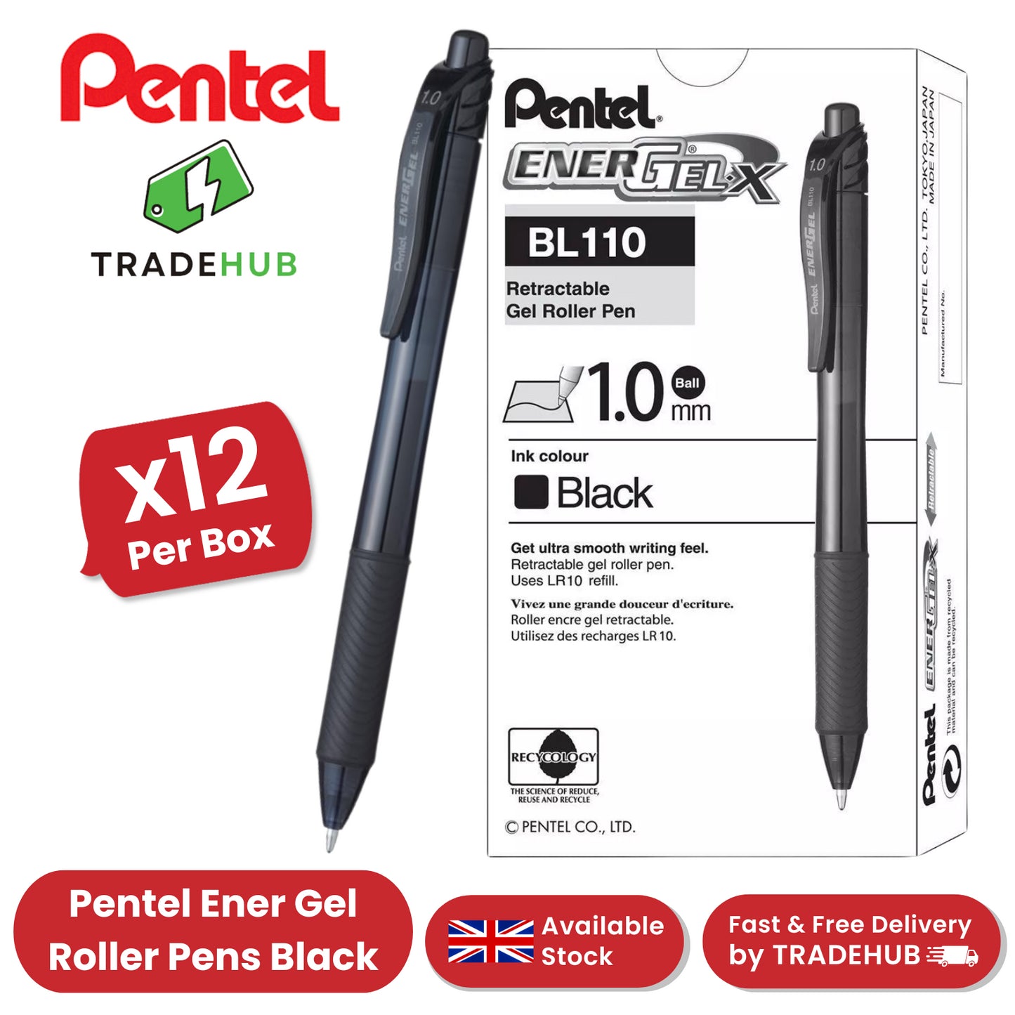PENTEL ENERGEL RET GEL ROLLER 1.0MM BLK - Pack of 12