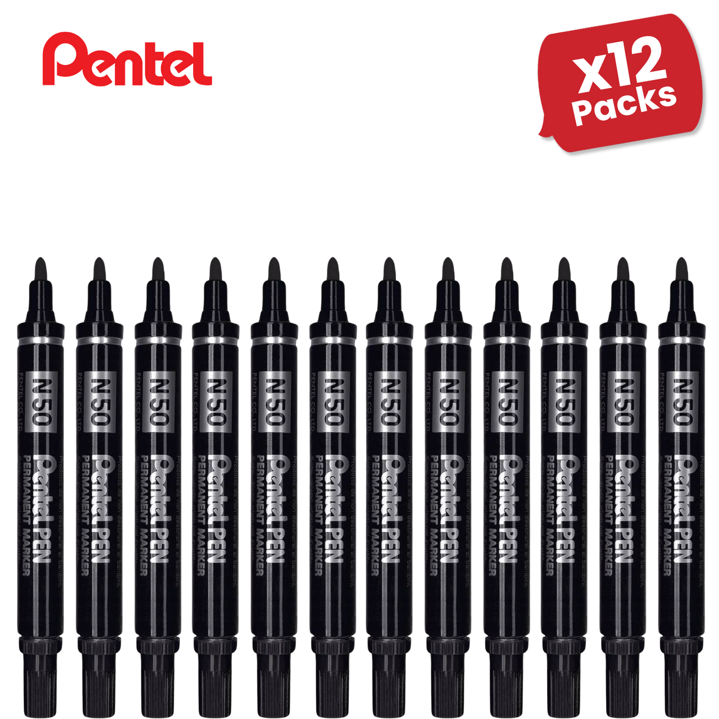 Pentel N50 Permanent Marker Bullet Tip 1.5-2mm Line Black Ref N50-A - 12 Packs