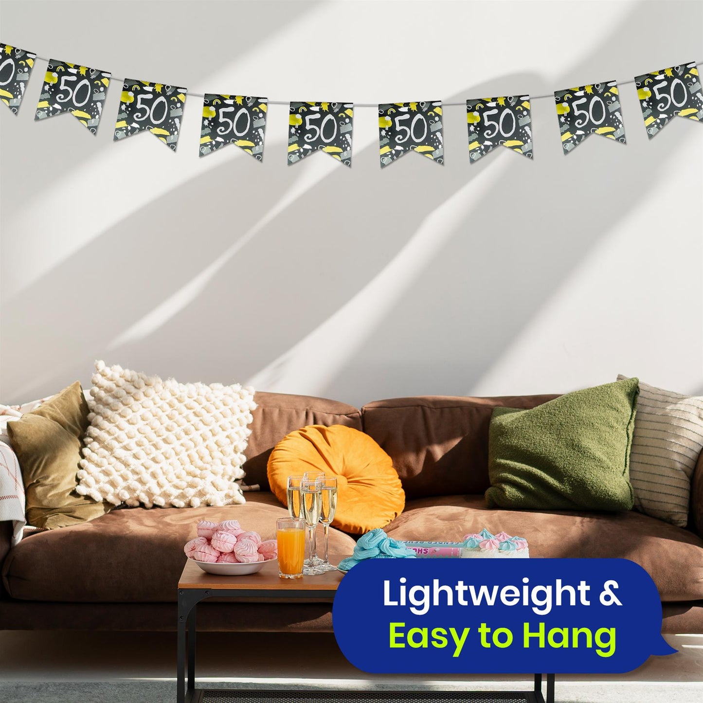 Happy 50th Birthday Black and White Bunting 4M Party Banner with 10 Flags Durable