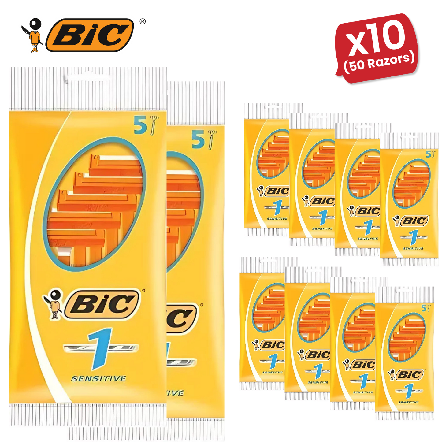 BiC Single Blade Sensitive Razors for Sensitive Skin, Everyday Use - Pack of 5