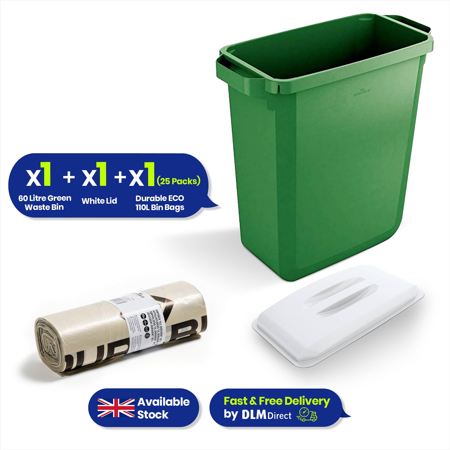 DURABIN 60L Green Bin Set & White Lid and 25x 110L Recycled Bin Bags