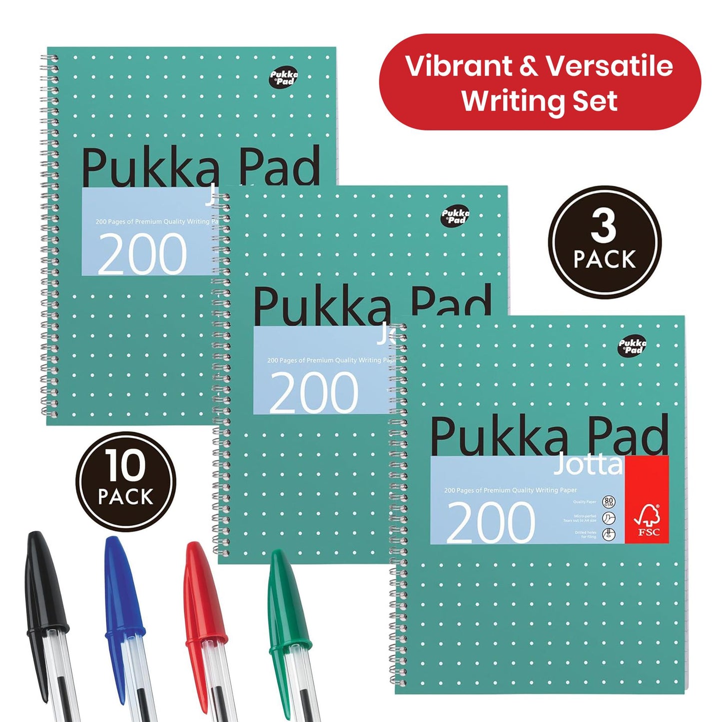 Pukka Pad 3x A4 Jotta Notebook 200 Pages & 10x BIC Cristal Original Ballpoint