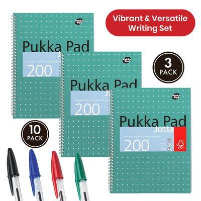 Pukka Pad 3x A4 Jotta Notebook 200 Pages & 10x BIC Cristal Original Ballpoint