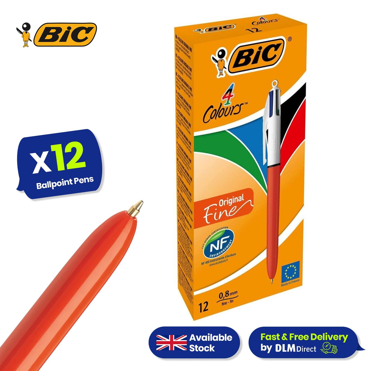 Bic 4-Colours Original Fine Ballpoint Pen 1.0mm Tip - Pack of 12