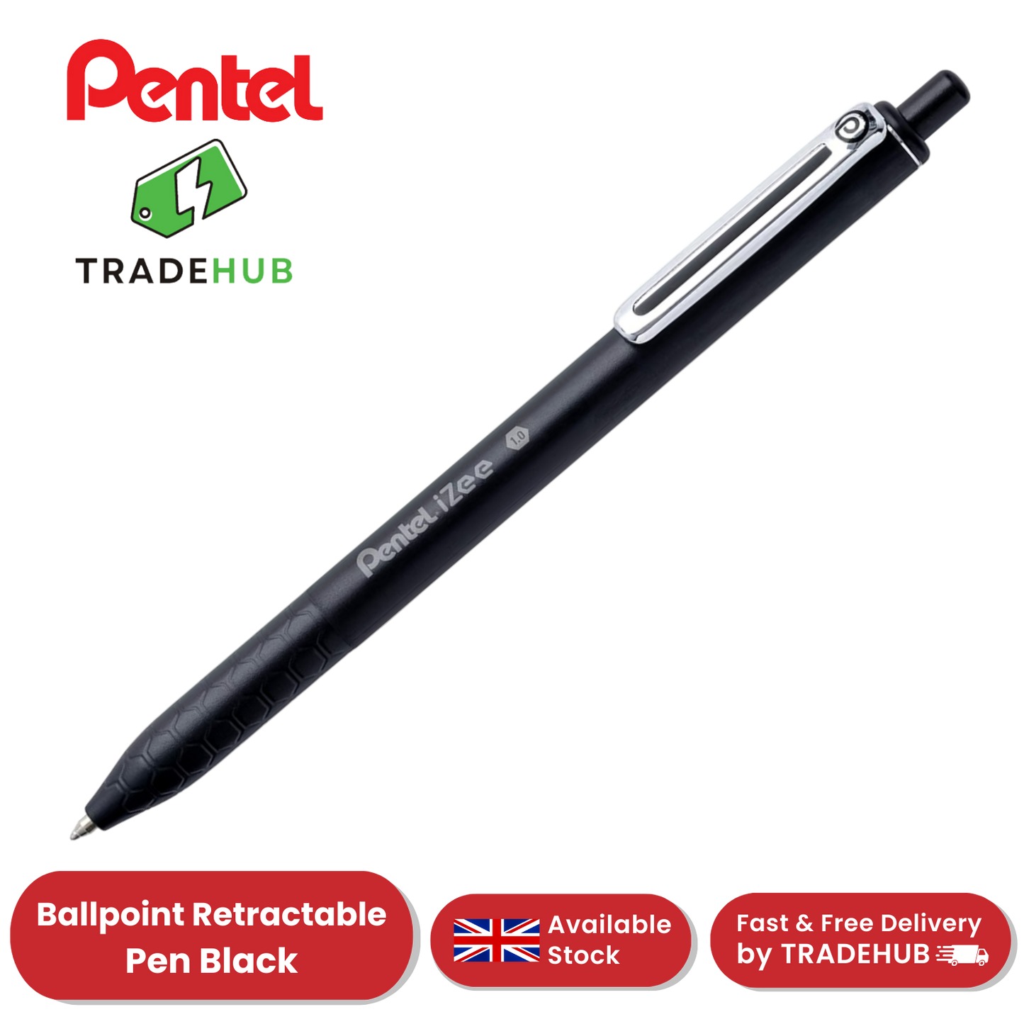 Pentel iZee Retractable Ballpoint Pen, Black Ink Smooth Writing for Home, Office