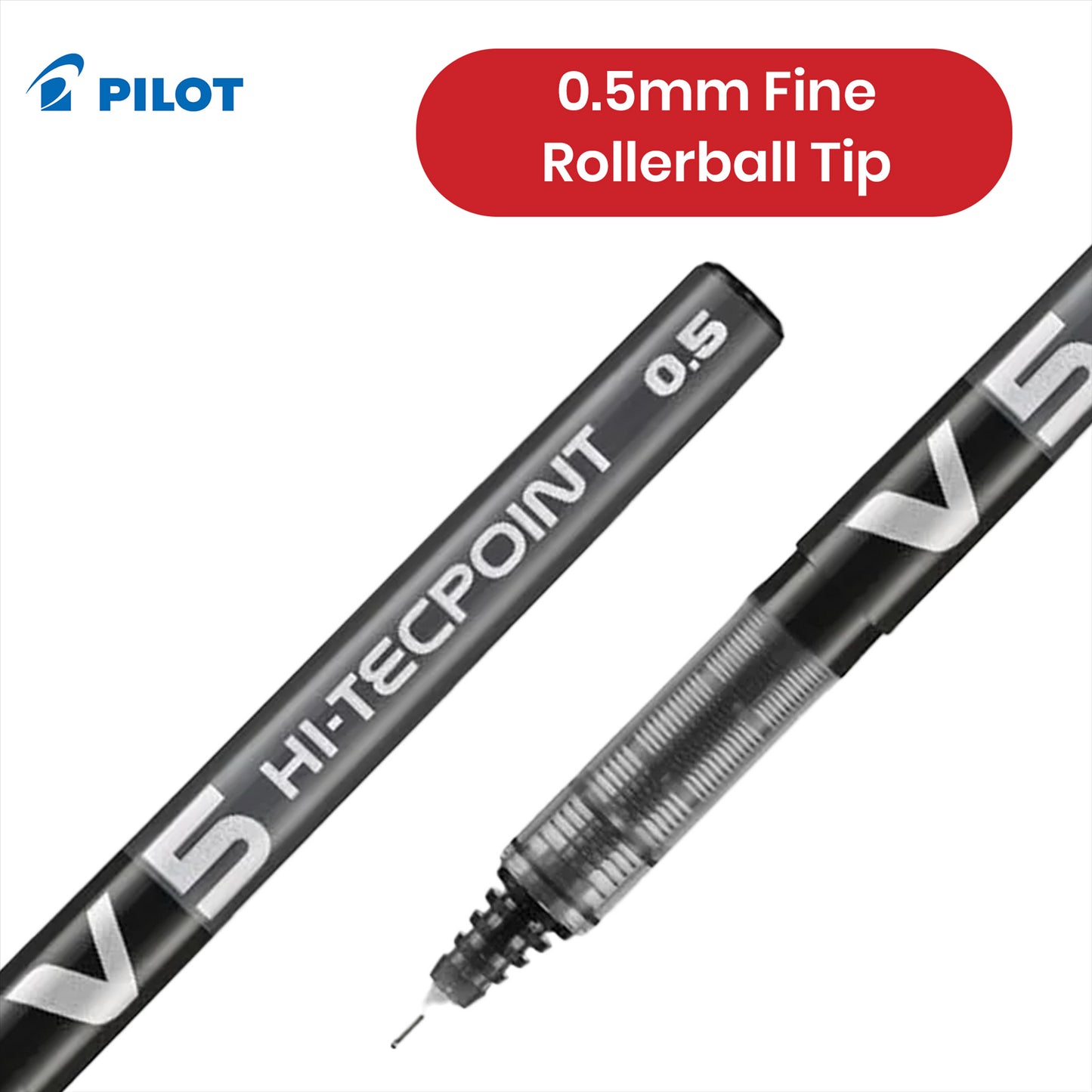 Pilot V5 Rollerball Pen - Black 0.5mm Fine Tip Rollerball Pen, Liquid Biros for Notes
