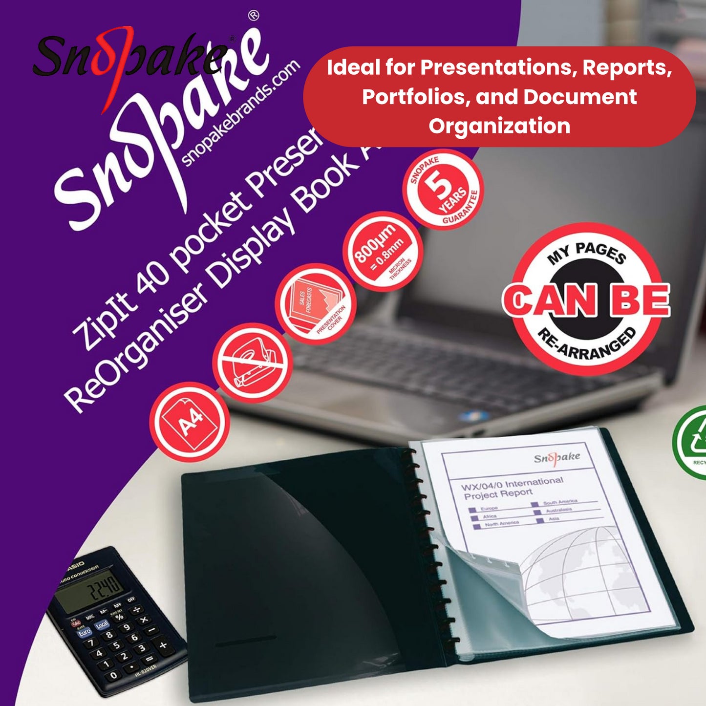 Snopake 40-Pocket A4 Organizer Display Book, Refillable & Durable - Pack of 1