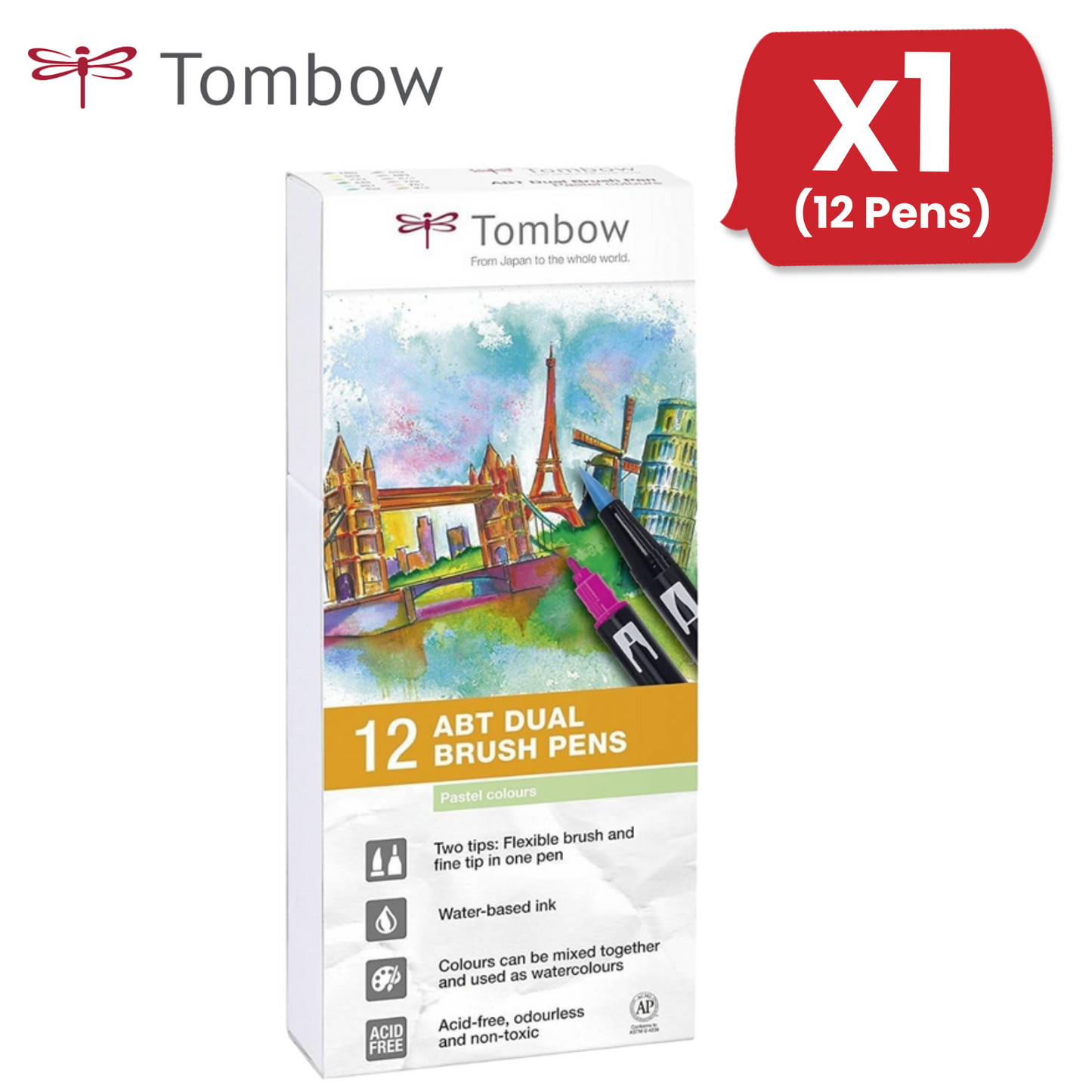 Tombow ABT Dual Brush Pens Pastel Colors Water-Based, Blendable - Pack of 12