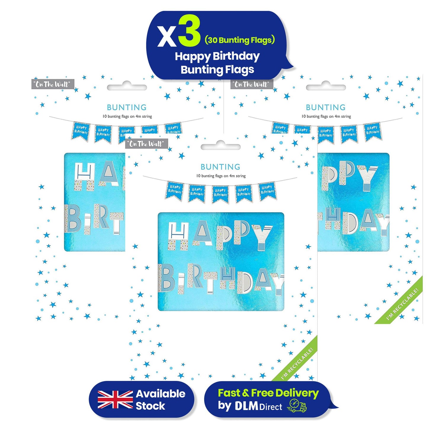 Happy Birthday Blue Bunting Reusable Party Decor 4m with 10 Flags