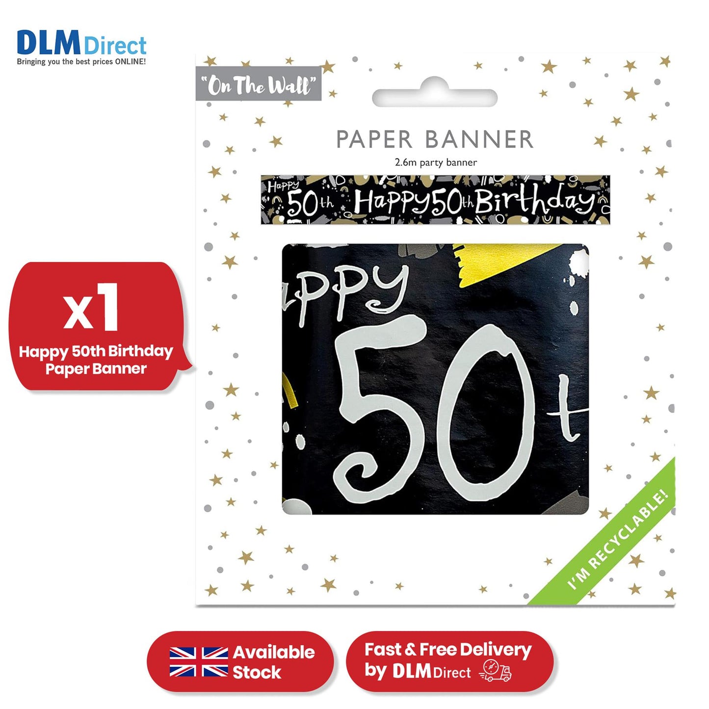 Happy 50th Birthday Black and White Recyclable Banner - 2.6m