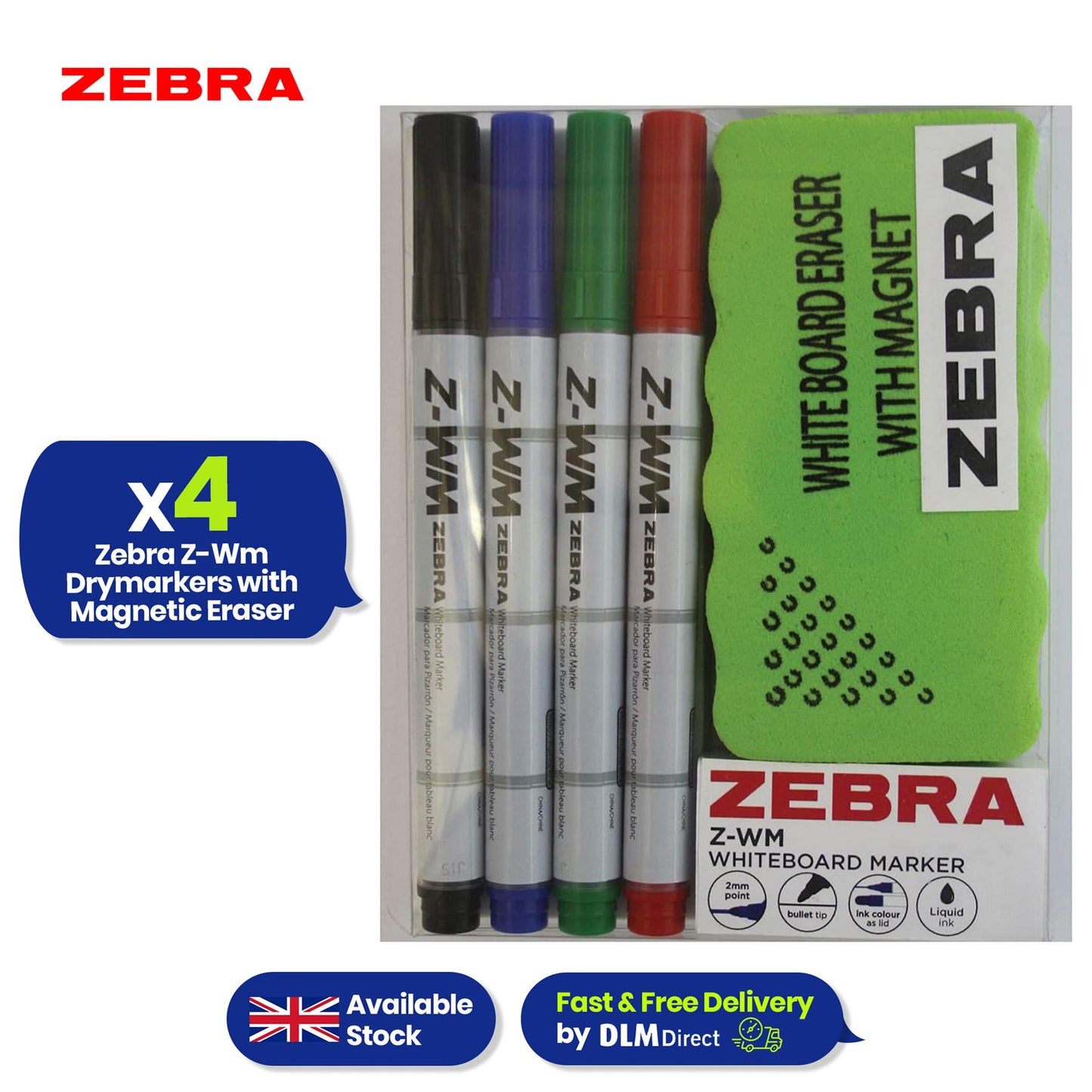 Zebra Whiteboard Pens 4 Pack with 2mm Bullet Tip and Magnetic Eraser for Daily Use