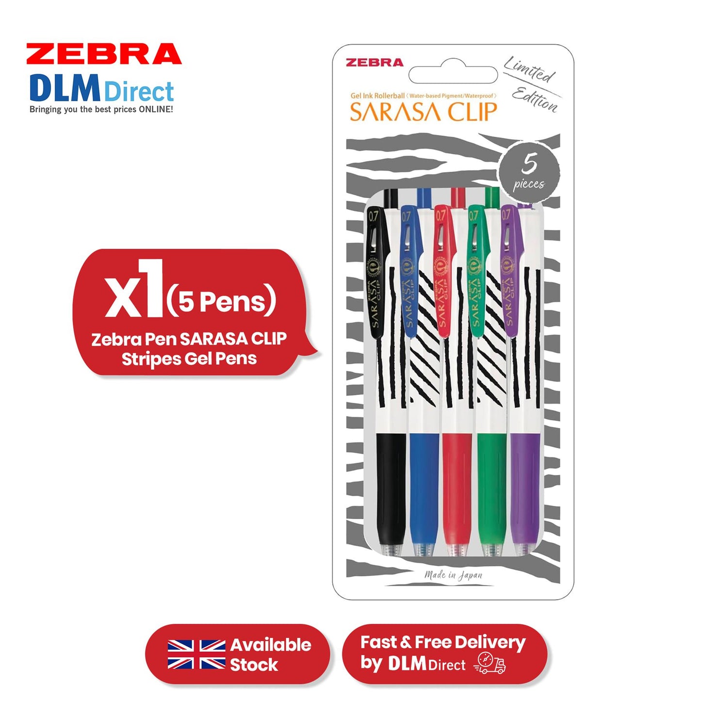 Zebra Gel BallPoint Plastic 0.7mm Fine Tip Retractable Pen, Quick Dry Pens for Schools (Pack of 5)