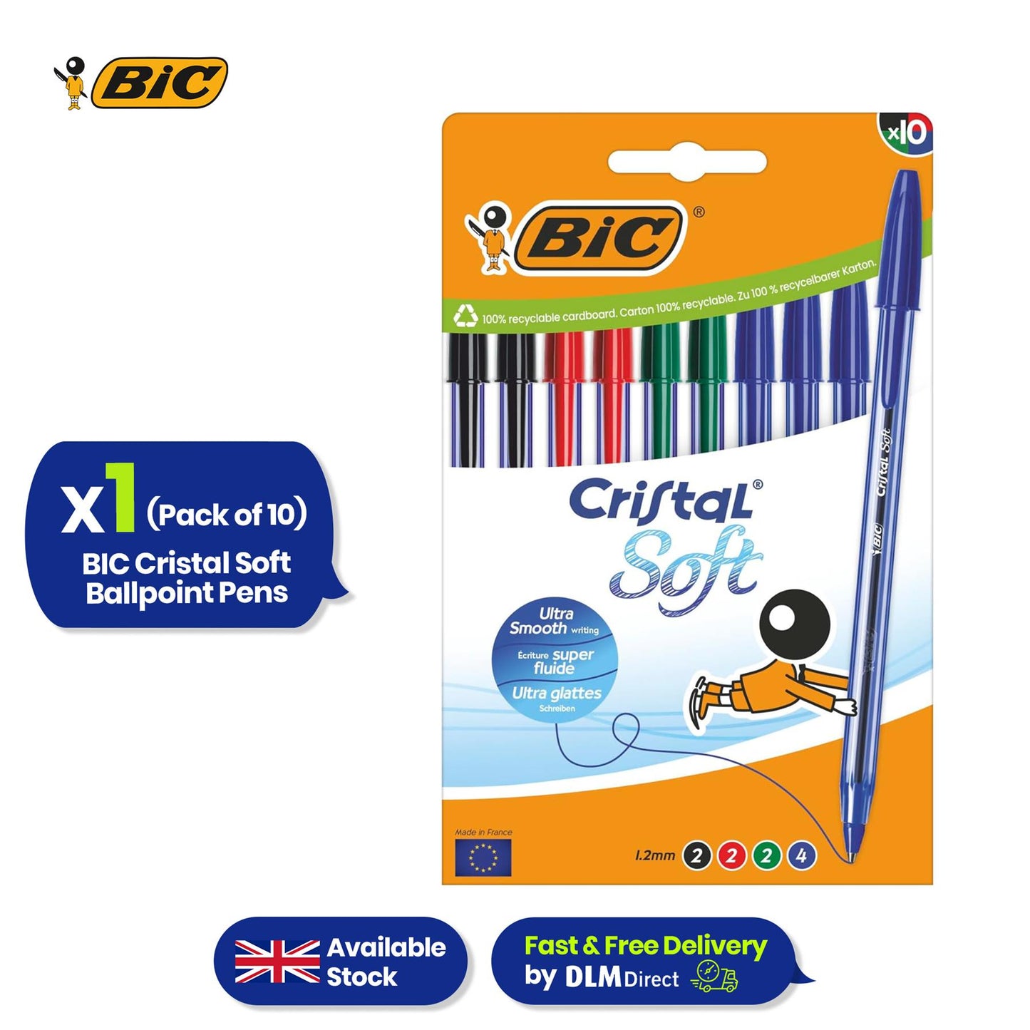 BIC Cristal Soft Ballpoint Pens Pack of 10 with 1.2mm Medium Tip Blue Ink for Office and School Use