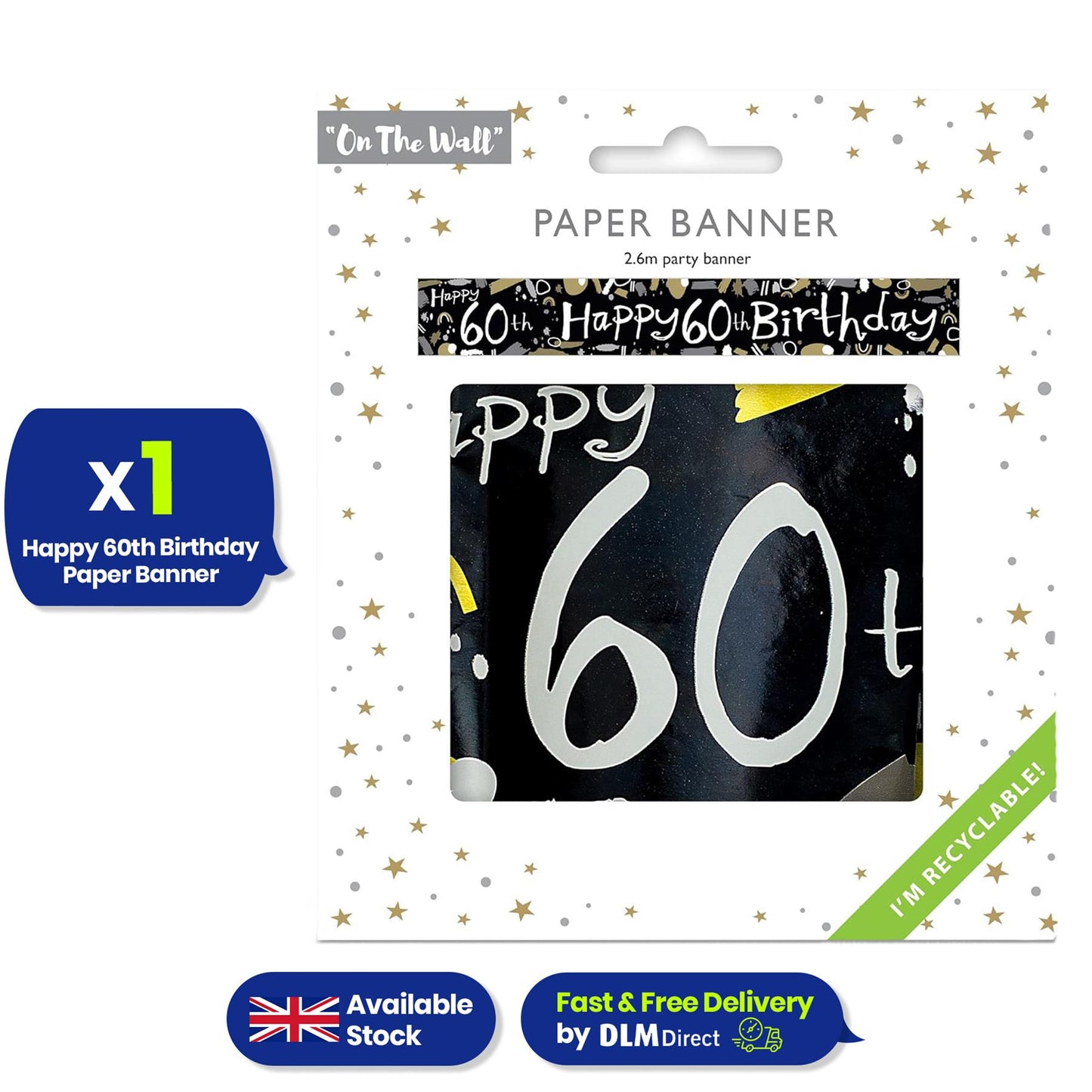 Happy 60th Birthday Black and White Banner 2.6m Party Decor for Milestone Celebration