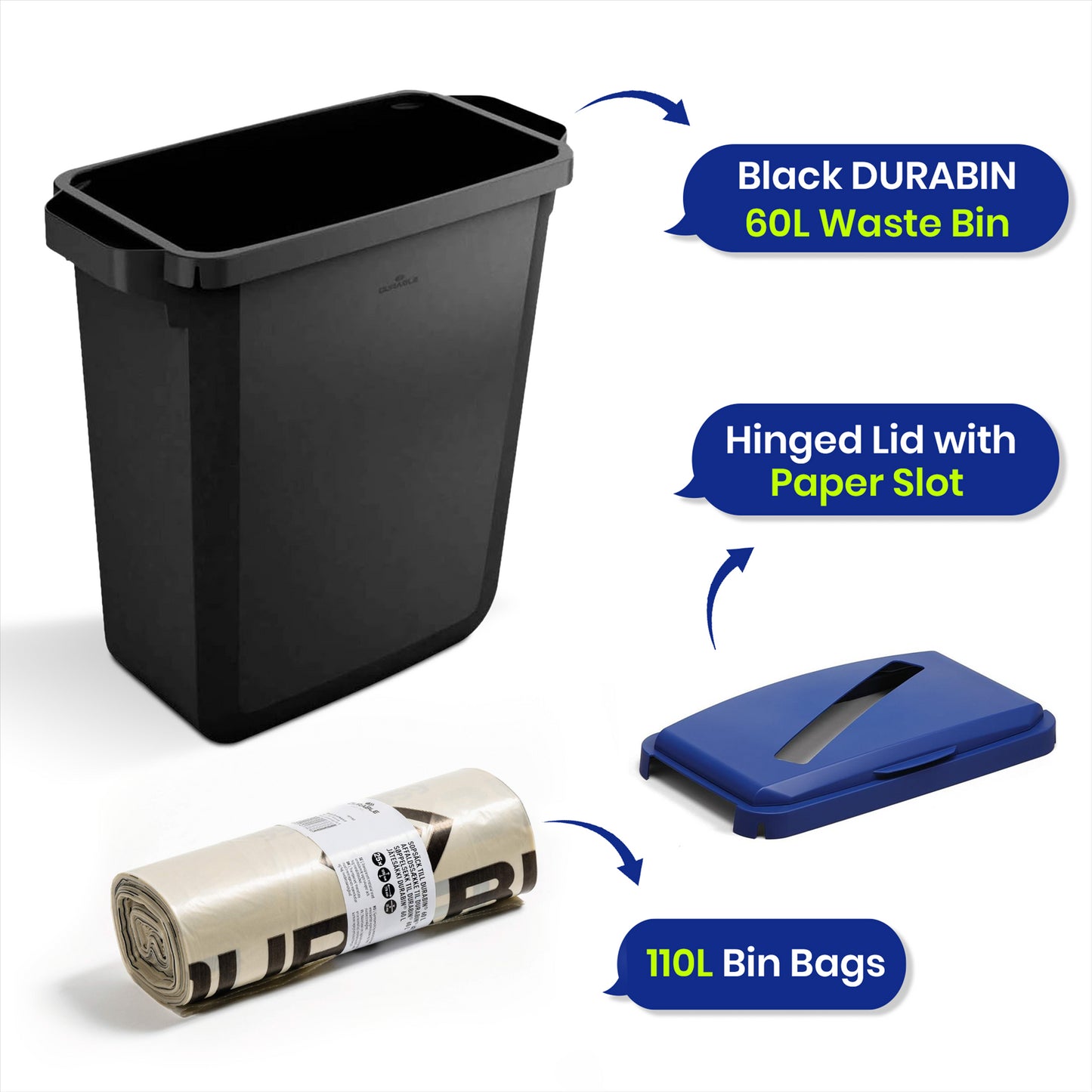 Waste bin DURABIN� ECO 60L rectangular+ Durable DURABIN 60 Hinged Lid with Paper Slot - Blue+ Durable ECO 110L Bin Bags 100% Recycled