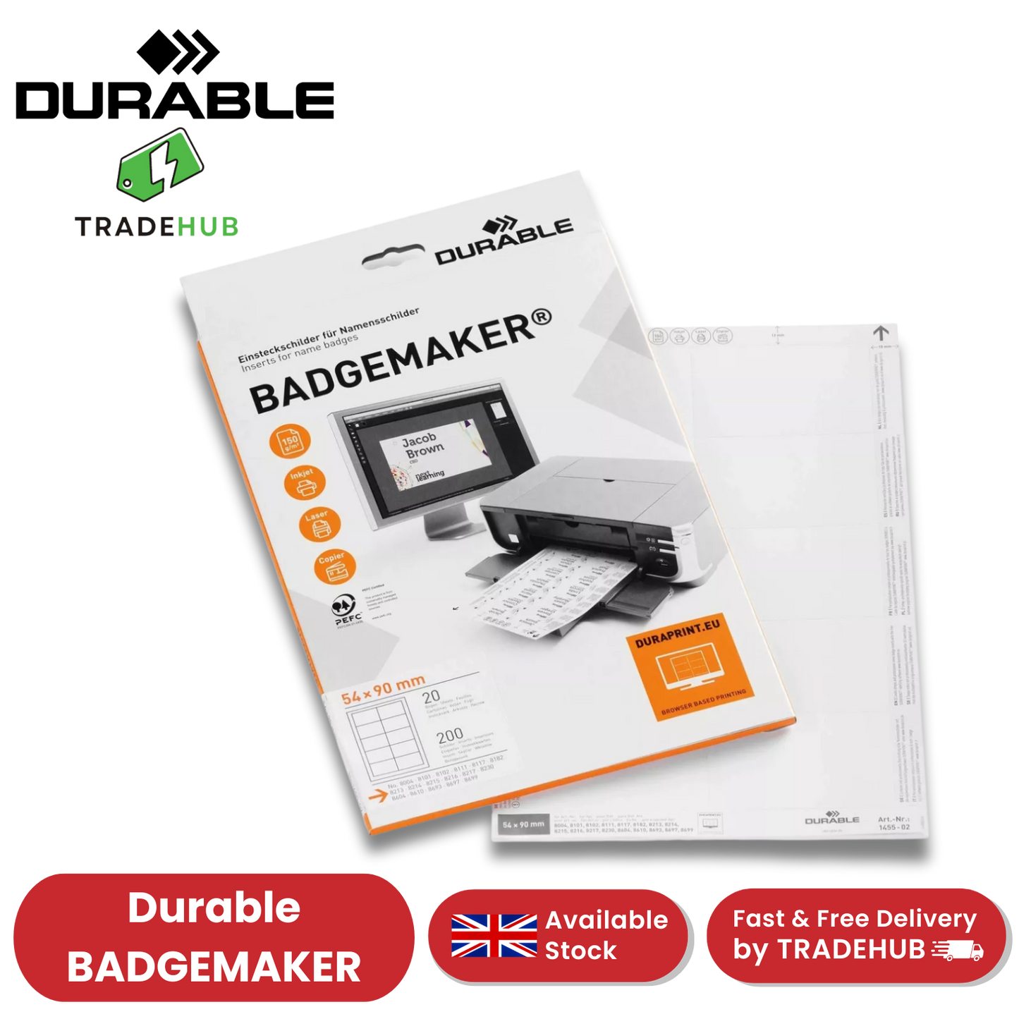 DDurable BADGEMAKER Inserts 54 x 90 mm - Pack of 200 Inserts - White - 1 to 5