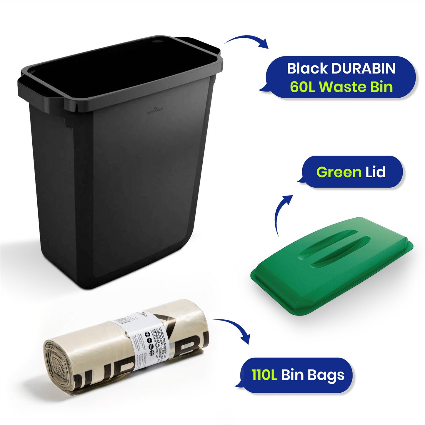 DURABIN 60L Black Bin Set and Green Lid and 25x 110L Recycled Bin Bags